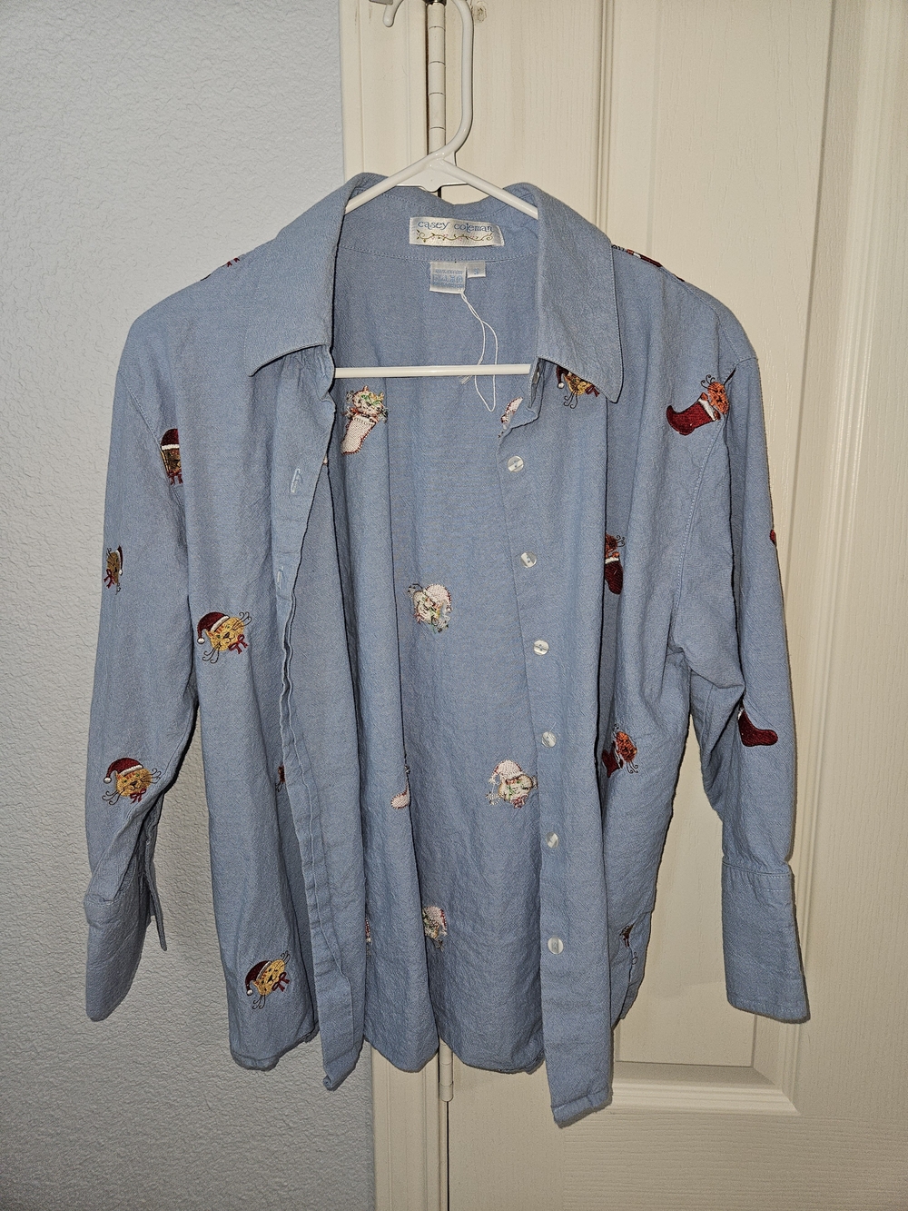Casey Coleman Embroidered Christmas Cats 100% Cotton Button Down